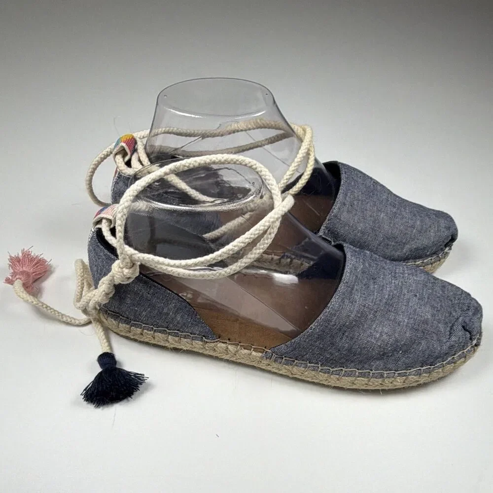 TOMS Women's Blue Denim Tassel Ankle Wrap Tie Espadrille Flats Round US 9.5